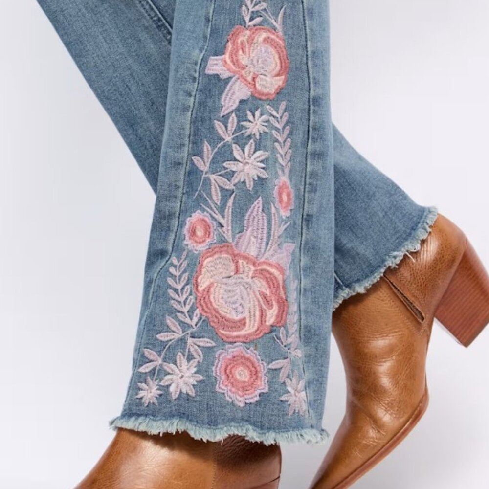 Prosperity Laura Floral Pink Embroidered Bootcut Jean, Size 31